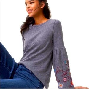 LOFT Floral Embroidered Bell Sleeve Gray Top